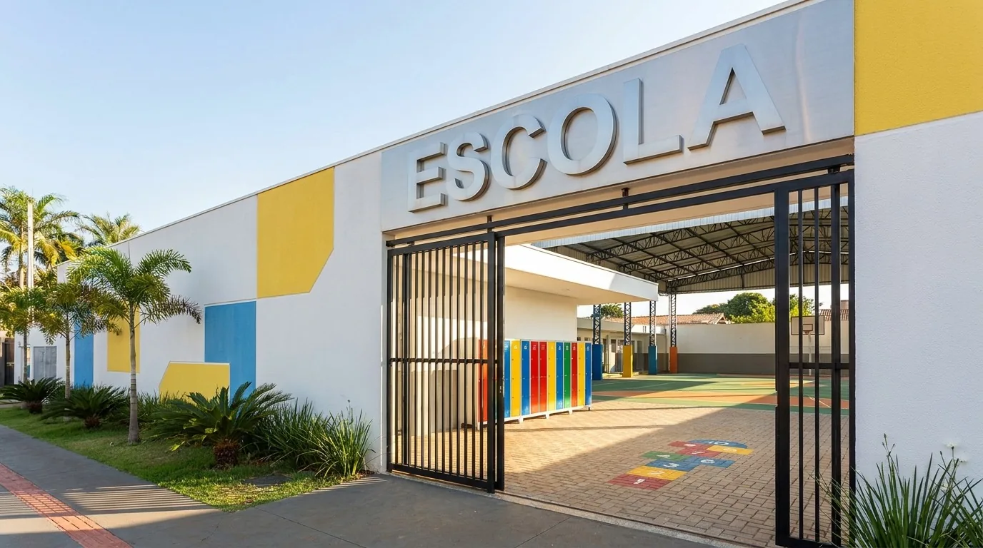 Entrada de escola com portão de acesso controlado e pátio coberto