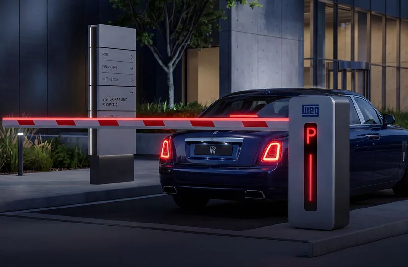 Cancela automática WEG com braço iluminado em LED vermelho barrando a entrada de um carro em estacionamento à noite