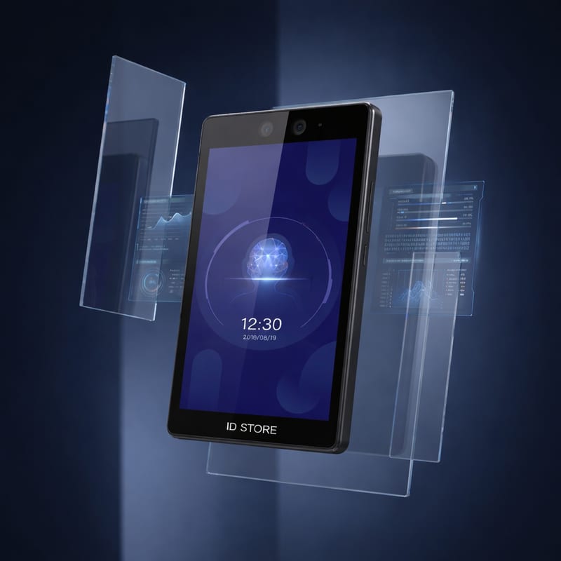 Terminal de reconhecimento facial para relógio de ponto premium ID Store em parede de escritório moderno