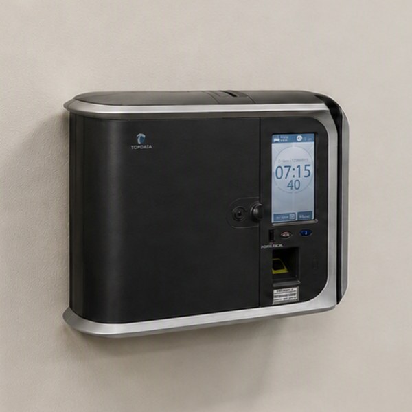 REP-C - Relógio de ponto convencional Topdata instalado na parede, com display digital, leitor biométrico e impressora de comprovante