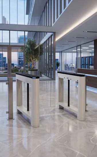 Catraca swing gate WEG WAccess WA-SG com barreiras de acrílico em aço escovado